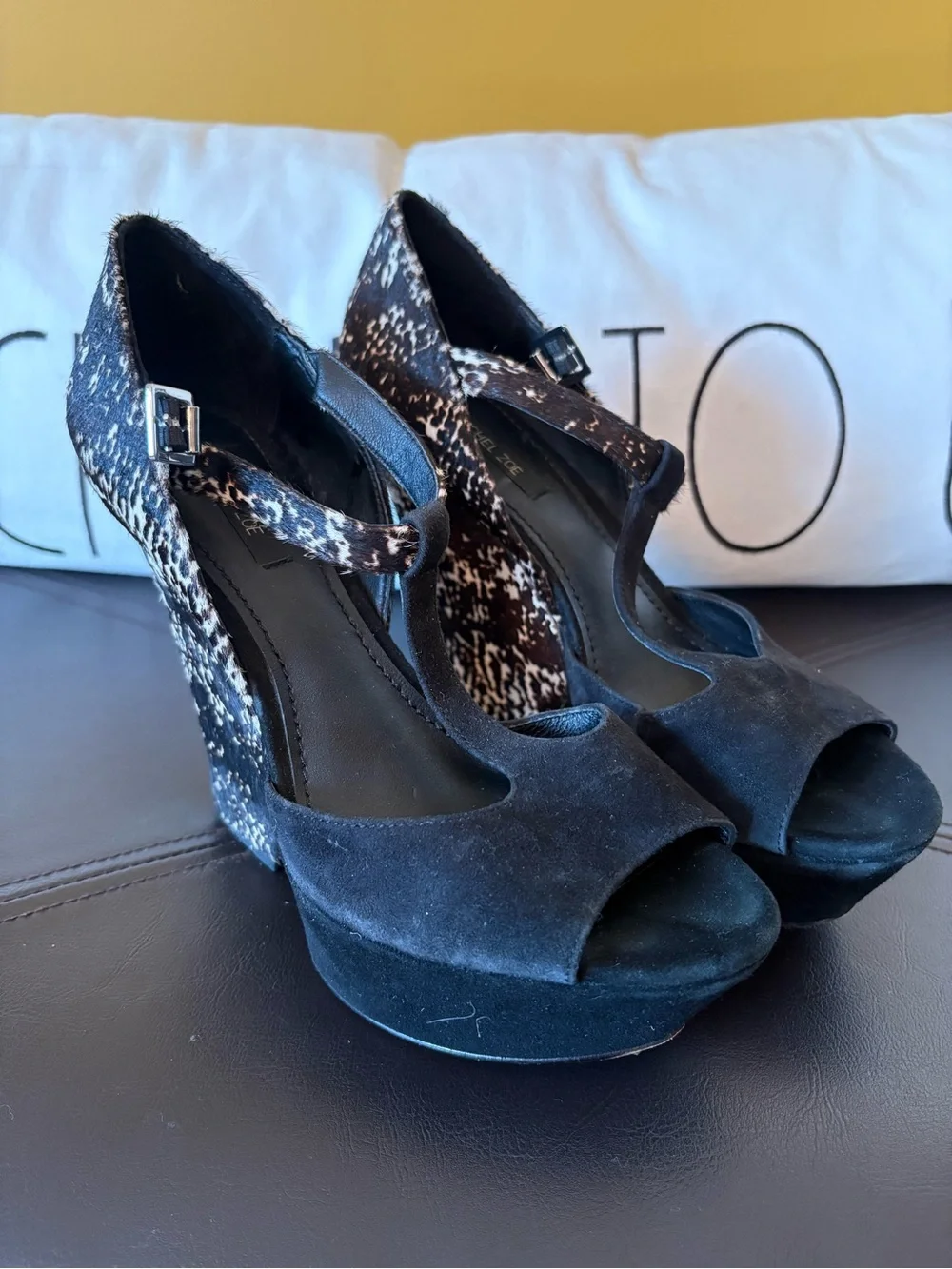 Rachel Zoe Black Suede Platform Wedges with Brown Animal-Print Heel